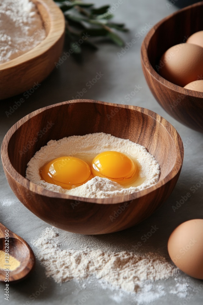 A rustic wooden bowl contains flour and fresh eggs, ideal for baking delicious treats and desserts in a cozy home. A rustic wooden bowl contains flour and fresh eggs, ideal for baking delicious treats and desserts in a cozy home.