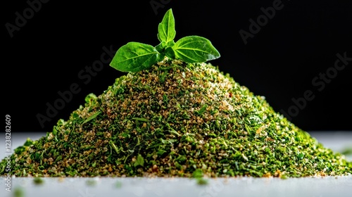 A mound of green seasoning with a basil leaf on top, showcasing natural herbs.