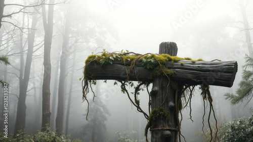 Overgrown wooden crosspiece on post with moss-covered surface and vines wrapped around the iron arm, set amidst a thick mist in the heart of a primeval forest, mystical, crossroads photo