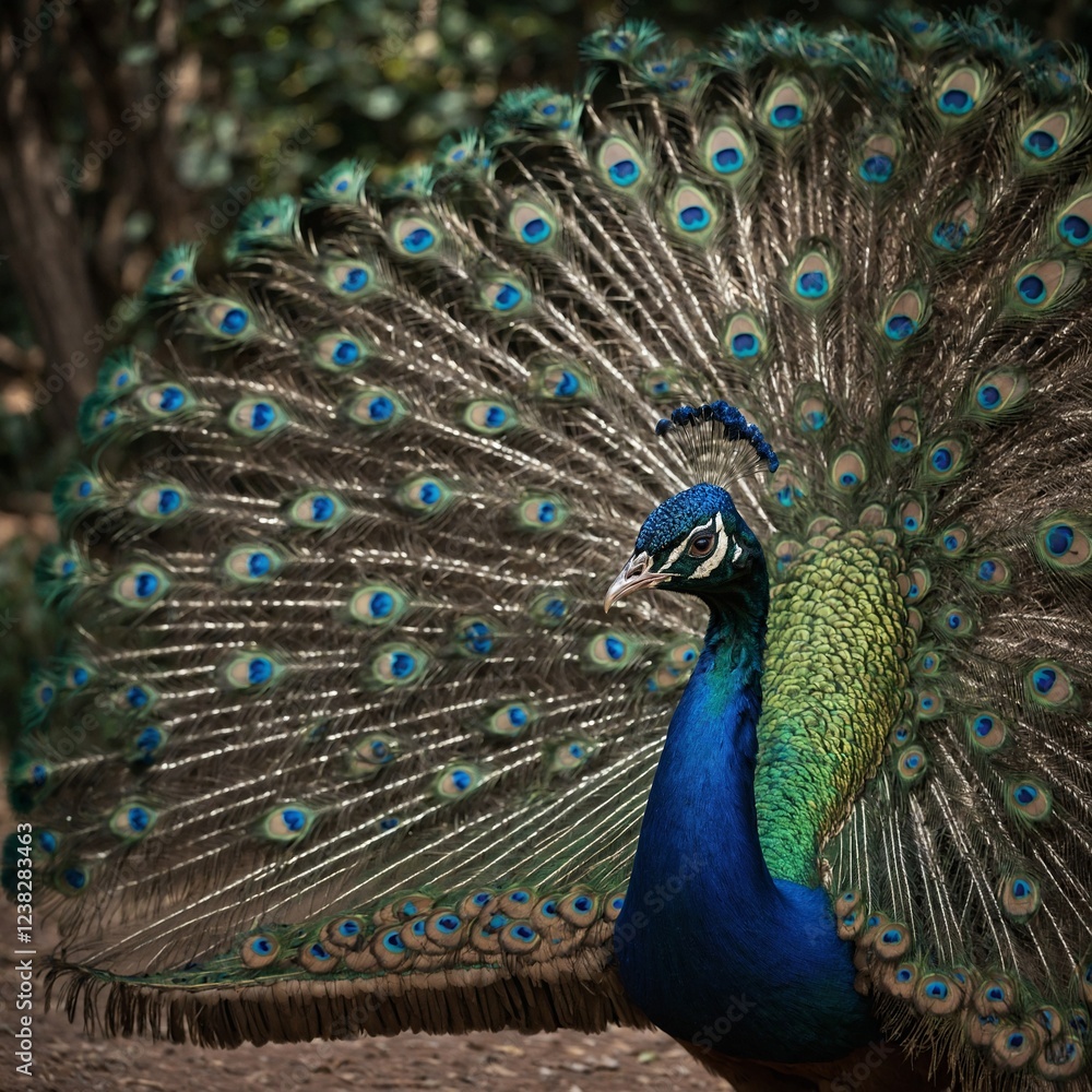Fototapeta premium A peacock opens its magnificent tail feathers in a display of beauty. What is the peacock trying to communicate through this gesture?