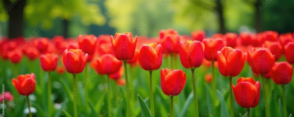 Fototapeta premium Lush greenery surrounds a field of red tulips, flower garden, natural