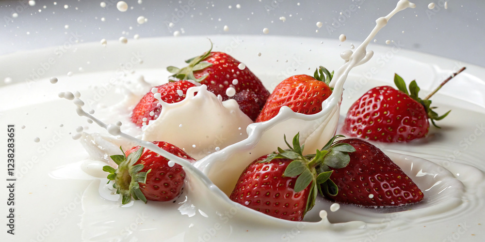 A Tempting Image of Fresh Strawberries Splashing into Creamy Milk for Dessert Presentation A Tempting Image of Fresh Strawberries Splashing into Creamy Milk for Dessert Presentation