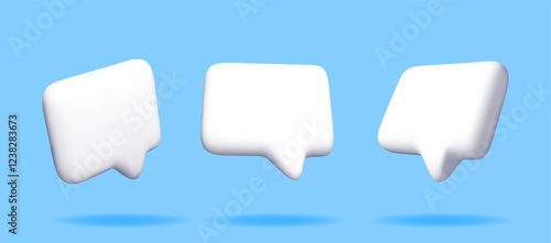3D white blank speech bubble set isolated on blue. Render collection of chat balloon pin. Notification shape mockup. Communication, web, social network media, app button. Realistic vector illustration