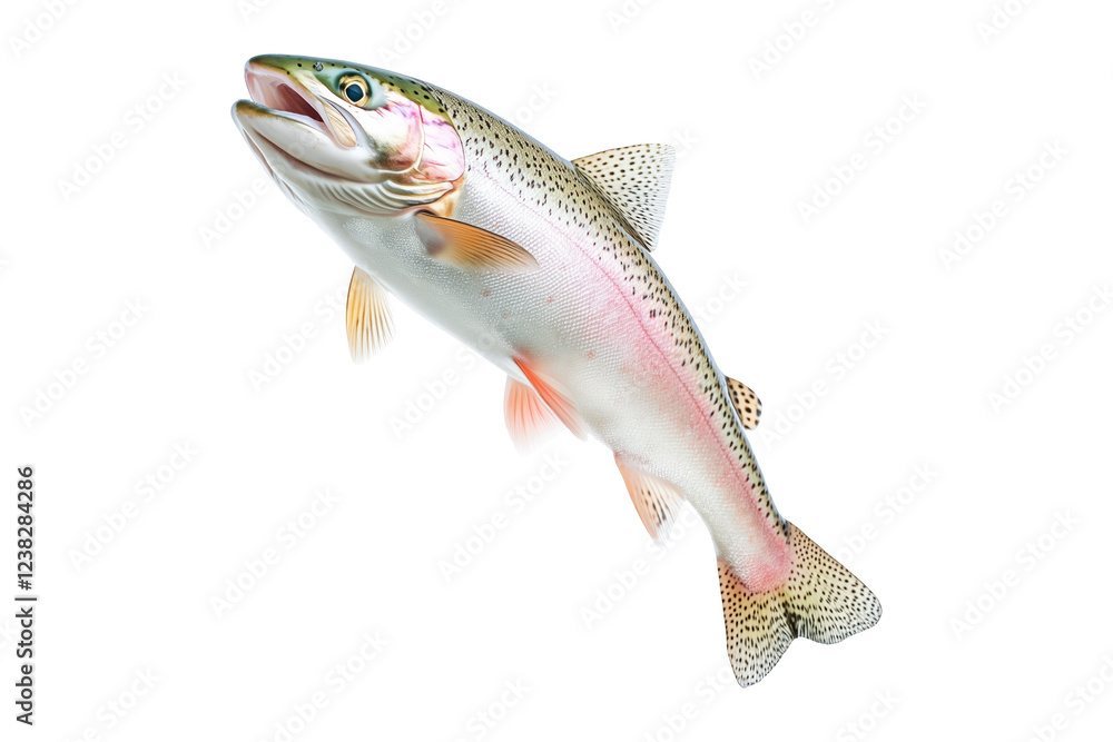 Obraz premium Closeup of a colorful rainbow trout fish with spotted scales, fins and open mouth isolated on white transparent background, concept of wildlife