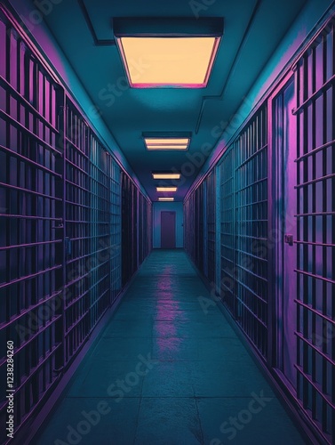 Wallpaper Mural Dark corridor with prison cells illuminated by neon lights at nighttime in an empty facility Torontodigital.ca