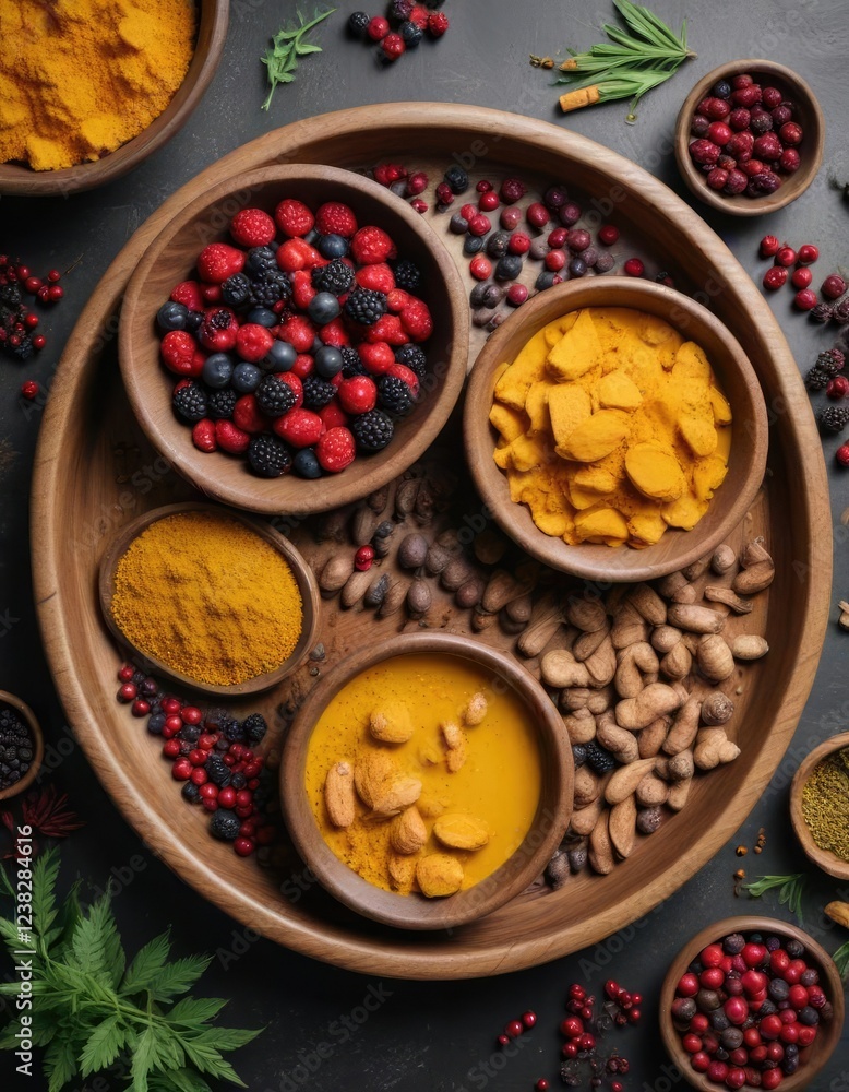 Fototapeta premium Overhead view of wooden bowls filled with turmeric, peppercorns, and berries, natural remedy, culinary art, holistic living