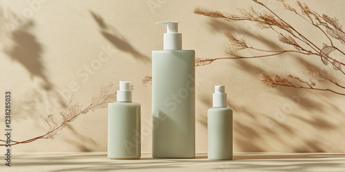 Minimalist design includes customizable pump bottles and a spray bottle for soap, shampoo or cosmetic.
