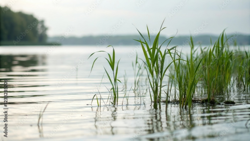 Fototapeta premium Softly focused image of aquatic vegetation with gentle ripples, river, blurred background, natural scenery