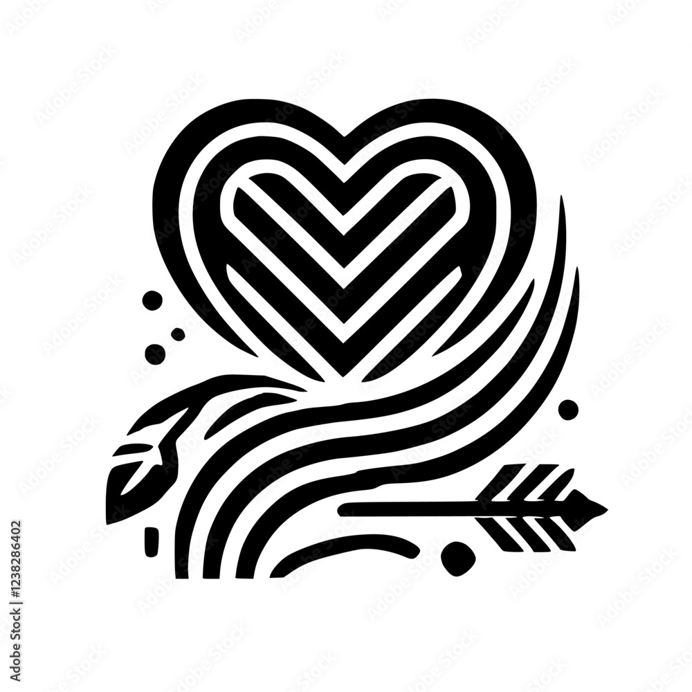 Naklejka premium Abstract Heart and Arrow Design: Minimalist Black and White Geometric Pattern, Vector Illustration, Love Symbol, Valentines Decor