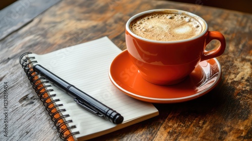 A home office setup with a laptop, a notebook, and a coffee cup, perfect for a business startup, offering clear space for text or ideas.