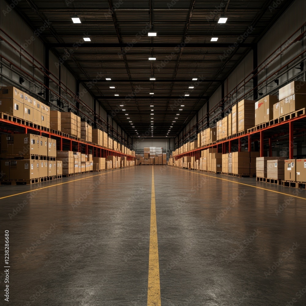 Fototapeta premium Vast Empty Warehouse with Boxed Inventory Storage
