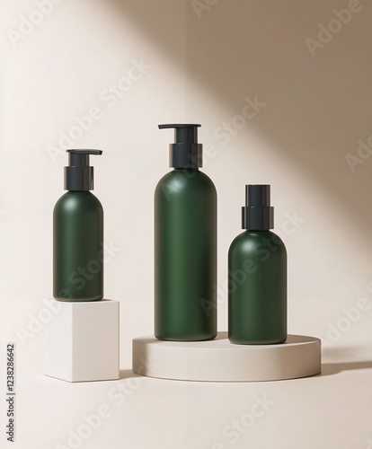 Minimalistic packaging with three customizable pump bottles for soap or shampoo in green.