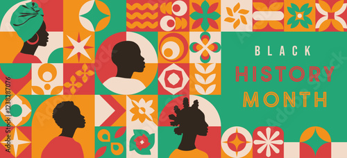 Black History Month landing web page. Silhouette face head in profile ethnic group of African American men and women. 