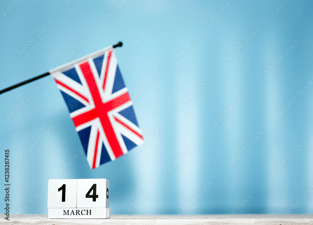 Fototapeta premium March calendar with British flag with number 14. Calendar cubes with numbers. Space copy.