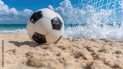 Wallpaper Mural A soccer ball rests on sandy beach with waves crashing in the background. Torontodigital.ca