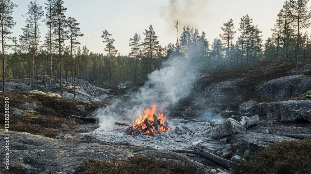 95.A large campfire burns brightly in the heart of a Swedish national park, surrounded by towering pine trees and rugged rocks. The flames create a warm, inviting light, contrasting with the cool, 95.A large campfire burns brightly in the heart of a Swedish national park, surrounded by towering pine trees and rugged rocks. The flames create a warm, inviting light, contrasting with the cool,