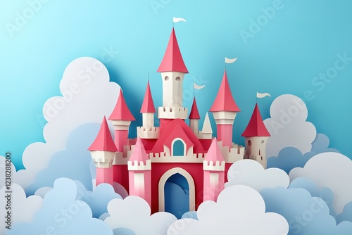 papercraft style, fairytale castle emerges from clouds
