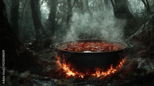 Wallpaper Mural 86.A large metal pot filled with cooking food sits over a campfire in the heart of the forest. The fireâ€™s bright flames surround the pot, casting flickering shadows across the campsite. The pot is Torontodigital.ca