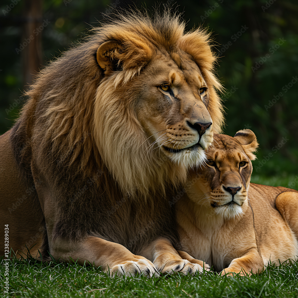 Regal Companions: A Majestic Lion and Lioness in Golden Hour. Generative AI. Regal Companions: A Majestic Lion and Lioness in Golden Hour. Generative AI.