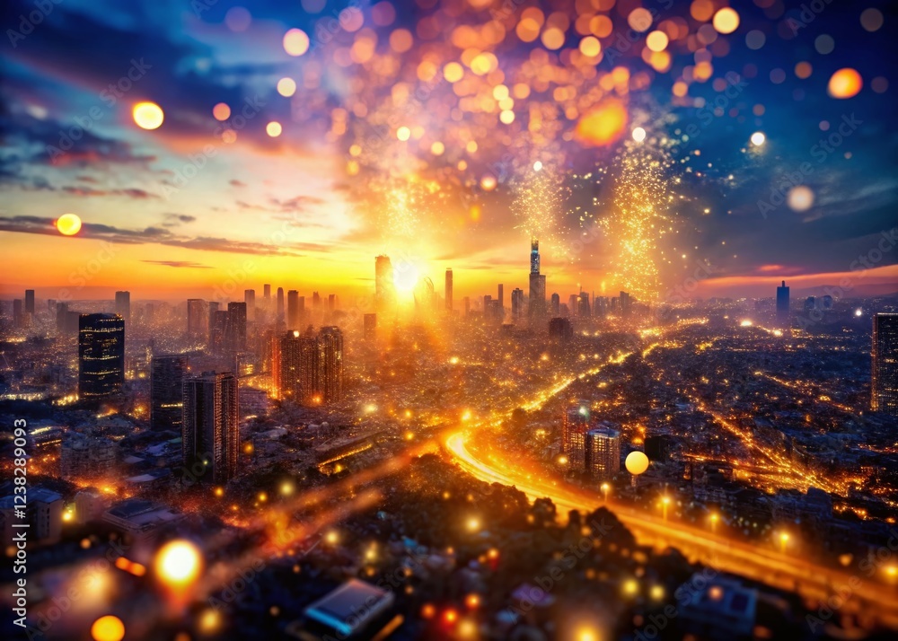 Fototapeta premium Abstract Aerial Particle Effect Background: Glittering Dust and Light Trails Over Cityscape
