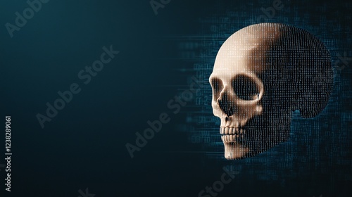 Cyber security crime attack concept. A digital skull with a matrix-like pattern, symbolizing the intersection of technology and mortality against a dark background.