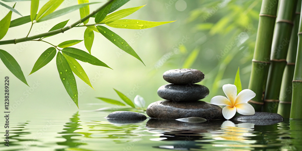 Naklejka premium Spa Stones, Bamboo Branches, and Flower in Water for Relaxation and Wellness