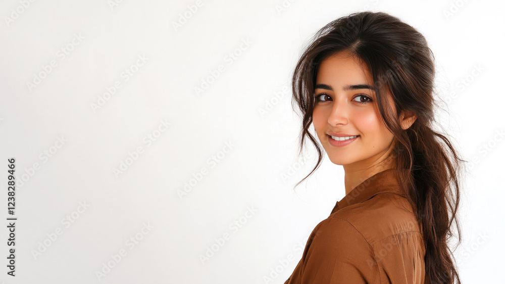 Pakistani young woman wearing brown clothes smiling isolated on white background Pakistani young woman wearing brown clothes smiling isolated on white background