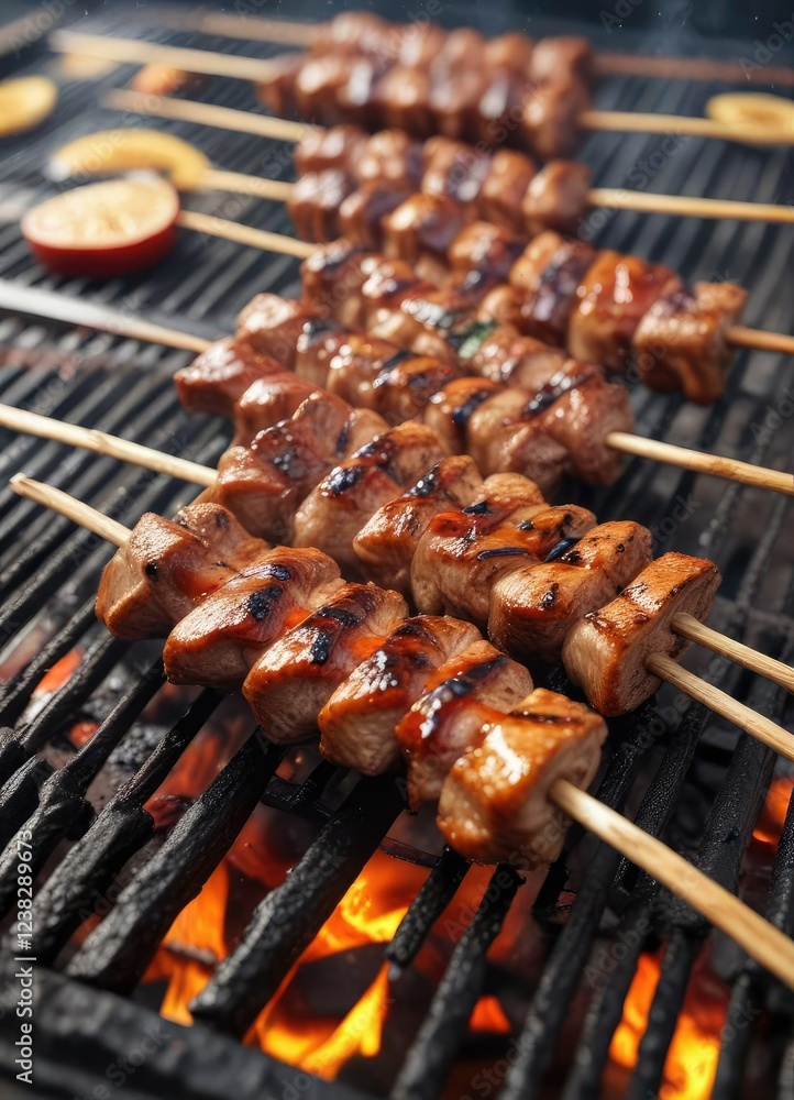 Pork skewer stick on the grill with a BBQ sauce drizzle, sticky, pork Pork skewer stick on the grill with a BBQ sauce drizzle, sticky, pork