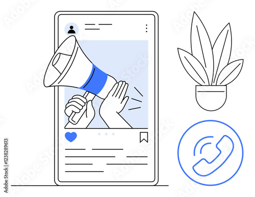 Megaphone amplifies message on social media app. Includes phone call icon and potted plant sketch. Ideal for digital marketing, social networking, communication, online promotion, advertising, brand