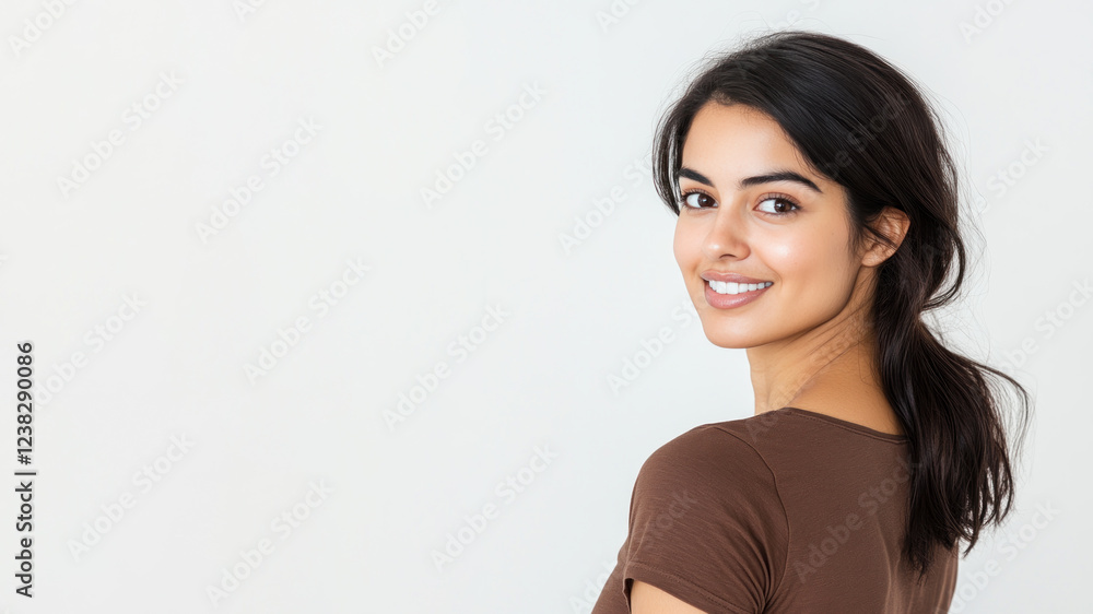 Pakistani young woman wearing brown clothes smiling isolated on white background Pakistani young woman wearing brown clothes smiling isolated on white background