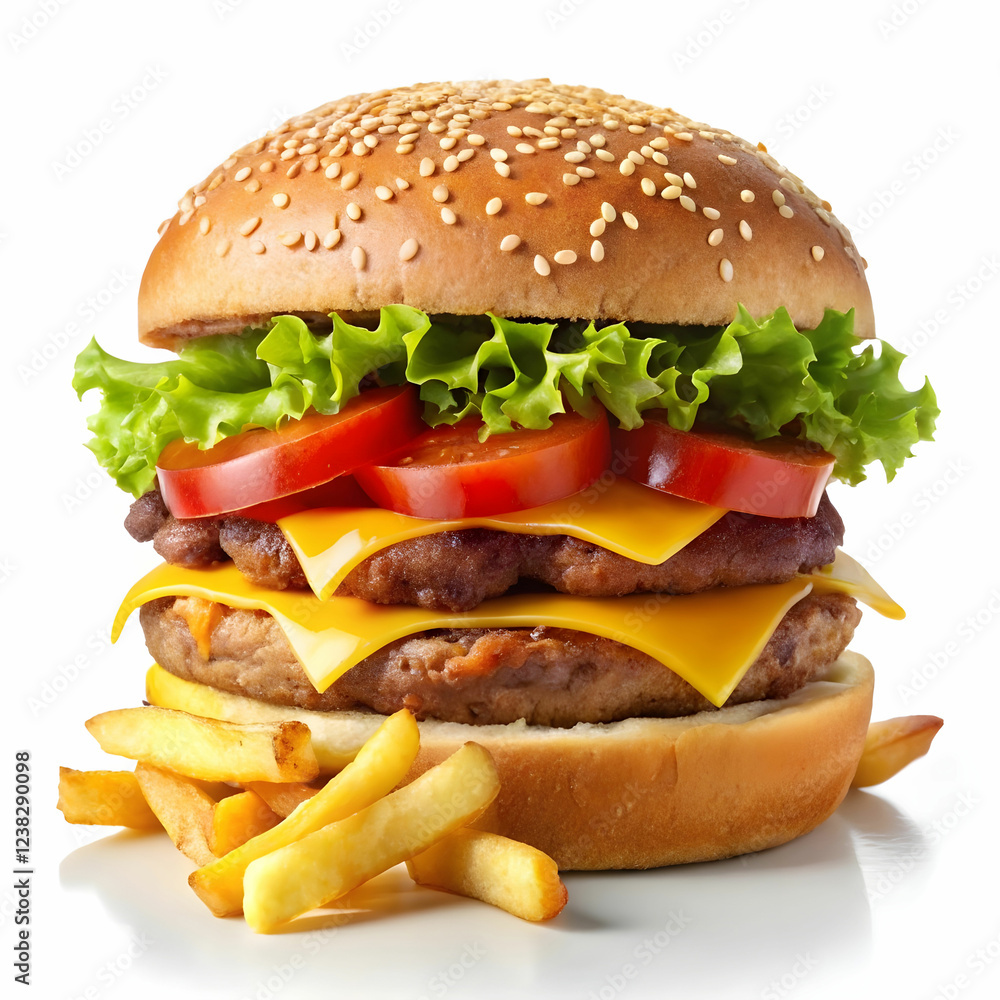 burger with fries on white background burger with fries on white background