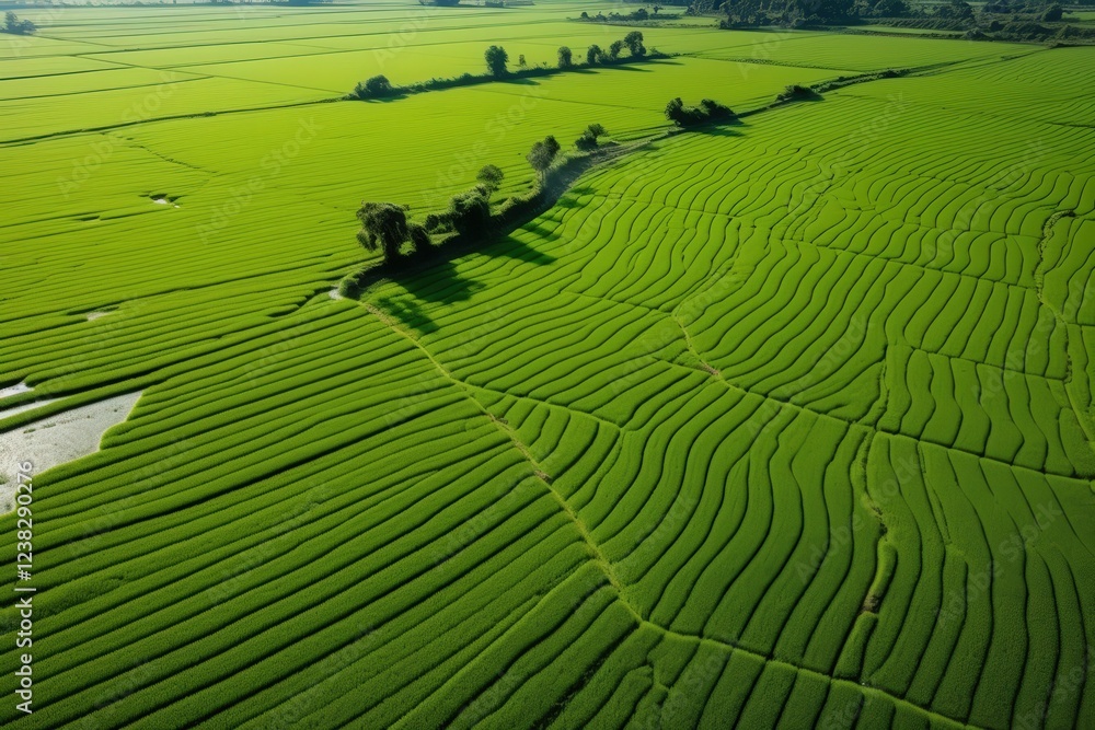 Fototapeta premium Aerial View of Lush Green Rice Fields with Winding Paths and Trees under Bright Blue Sky in Rural Landscape