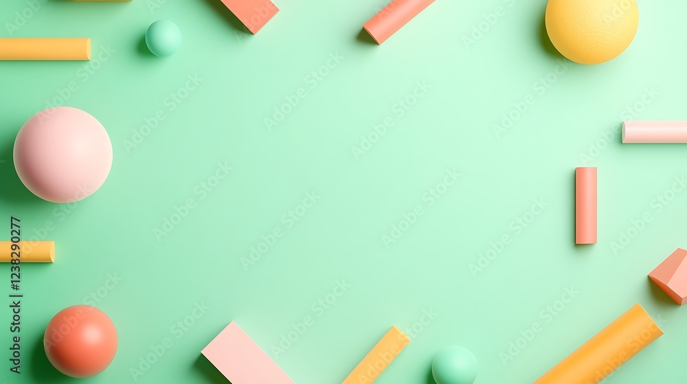 Colorful Geometric Shapes on a Soft Mint Background for Creative Design and Abstract Art Concepts Colorful Geometric Shapes on a Soft Mint Background for Creative Design and Abstract Art Concepts