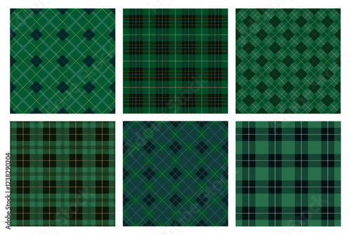 Horizontally And Vertically Repeatable Seamless Green Tartan Plaid Set. Vector Illustration. 