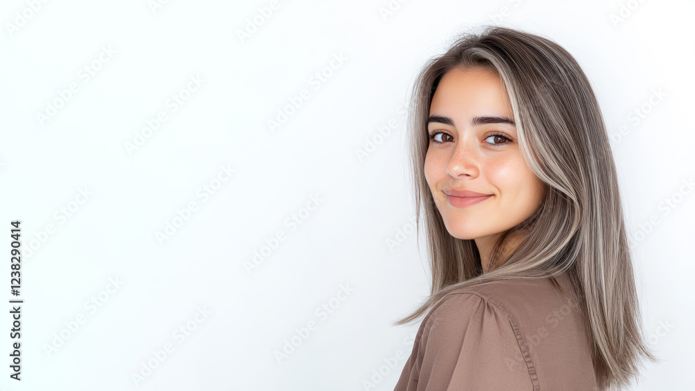 Platinum silver hair young woman wearing brown clothes smiling isolated on white background Platinum silver hair young woman wearing brown clothes smiling isolated on white background