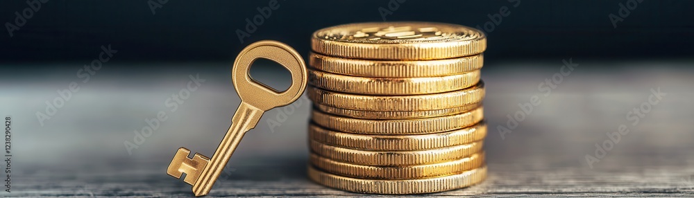 A golden key leans against a stack of gold coins, symbolizing wealth, access, and financial opportunity. A golden key leans against a stack of gold coins, symbolizing wealth, access, and financial opportunity.