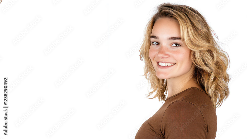 Blond young woman wearing brown clothes smiling isolated on white background Blond young woman wearing brown clothes smiling isolated on white background