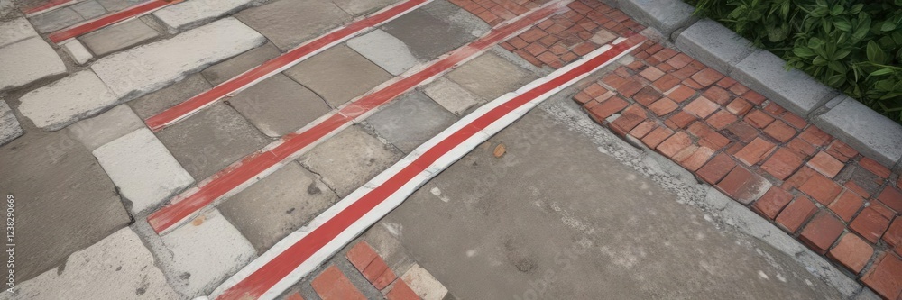 Fototapeta premium Red and white striped cane lying on a smooth stone or brick path, nature scene, park, pathway