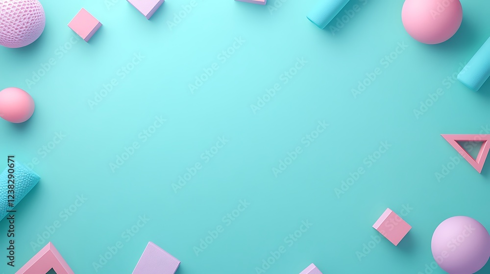 Colorful Geometric Shapes on a Soft Turquoise Background for Creative and Playful Design Concepts Colorful Geometric Shapes on a Soft Turquoise Background for Creative and Playful Design Concepts
