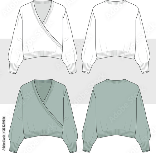 Women's wrap v-neck cardigan designed for women and girls front back view flat sketch in editable vector illustration, fashion drawing, cad, mockup.