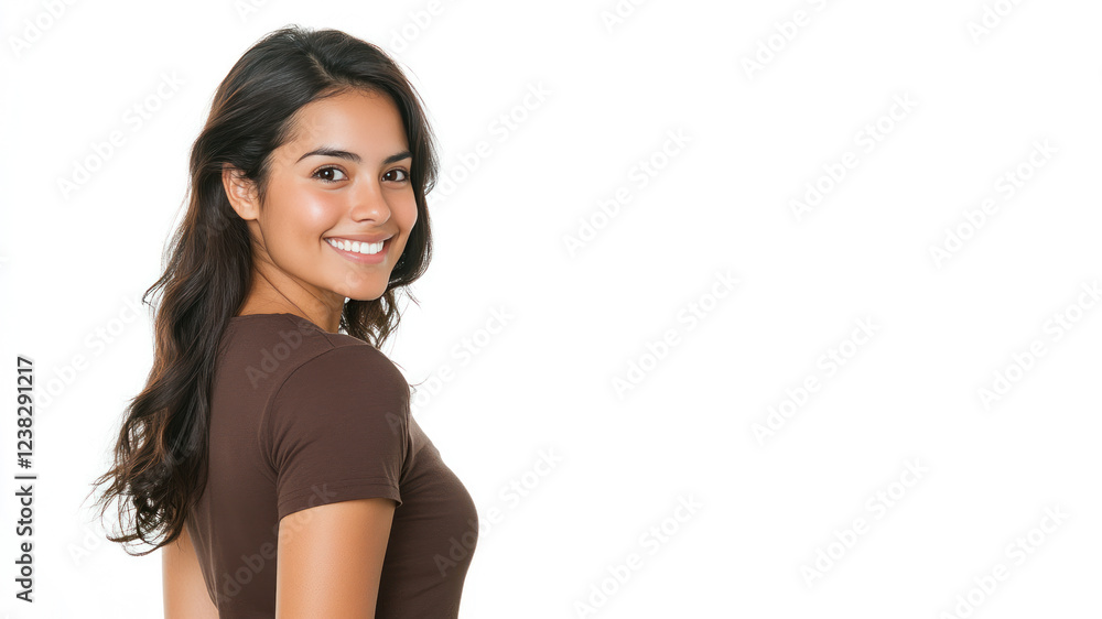 Hispanic young woman wearing brown clothes smiling isolated on white background Hispanic young woman wearing brown clothes smiling isolated on white background