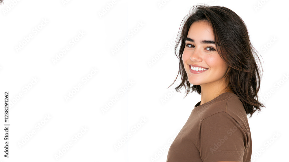 Brunette young woman wearing brown clothes smiling isolated on white background Brunette young woman wearing brown clothes smiling isolated on white background