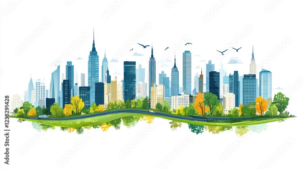 Obraz premium Autumn Cityscape Park, Skyline, Birds, Road, Reflection