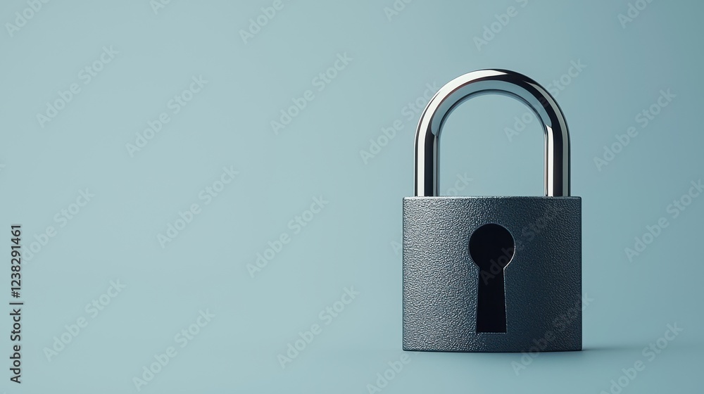 Naklejka premium A metallic padlock stands against a soft blue background, symbolizing security and protection in a minimalist design.