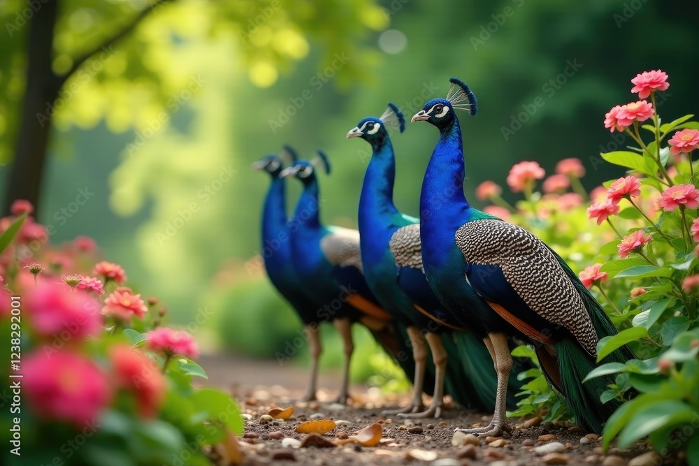 Obraz premium Peacocks in a row amidst lush flowers and foliage, nature, flowers