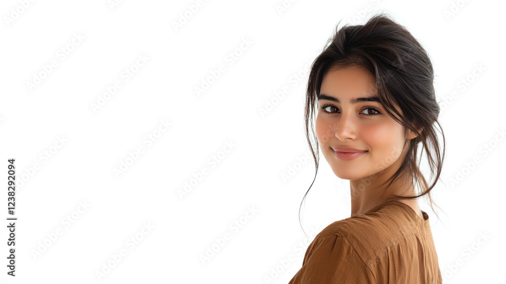 Pakistani young woman wearing brown clothes smiling isolated on white background Pakistani young woman wearing brown clothes smiling isolated on white background