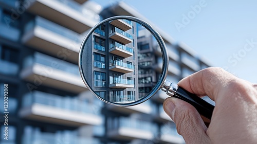 Wallpaper Mural A hand holding a magnifying glass focuses on a modern apartment building. Torontodigital.ca