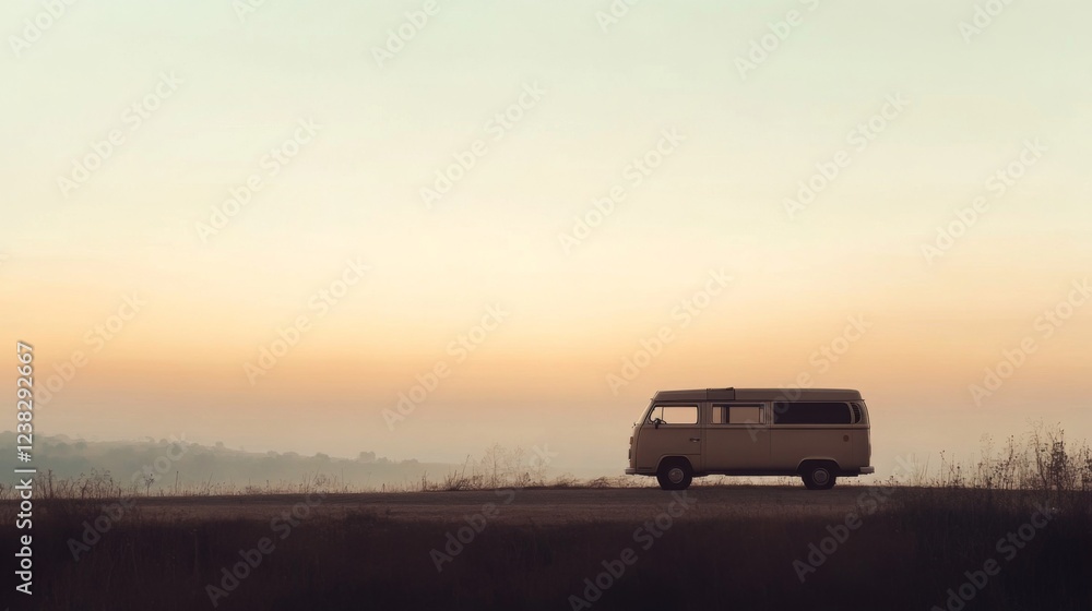 Sunrise van road trip, hazy field. Travel blog, website Sunrise van road trip, hazy field. Travel blog, website