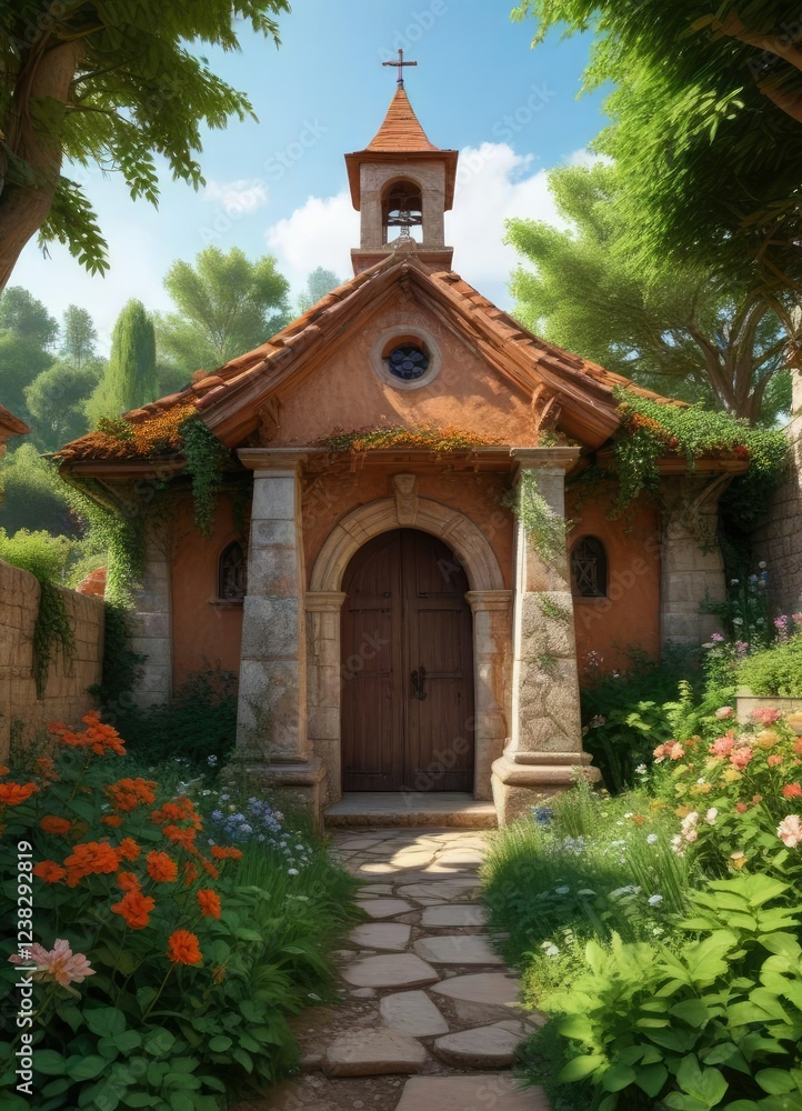 Rustic stone chapel with terracotta roof and vine-covered walls in a lush garden near the Bassin dArcachon , vines, water features Rustic stone chapel with terracotta roof and vine-covered walls in a lush garden near the Bassin dArcachon , vines, water features