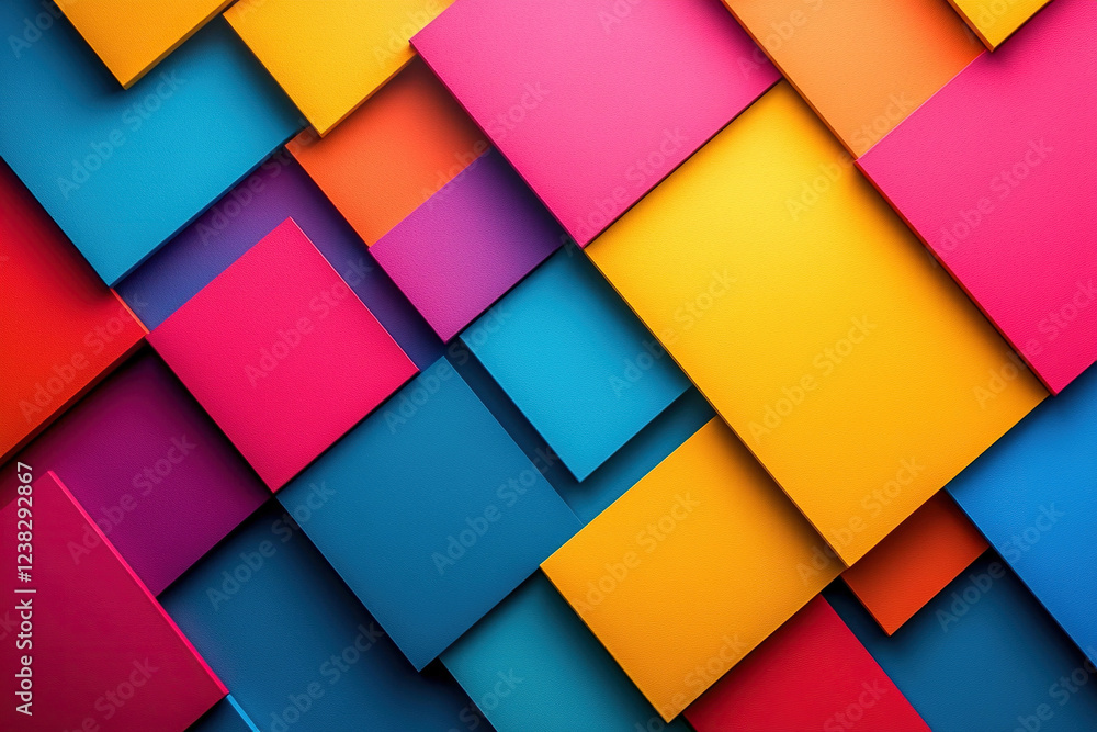 Top view of brightly colored squares and rectangles lying on top of each other. Generated by artificial intelligence Top view of brightly colored squares and rectangles lying on top of each other. Generated by artificial intelligence